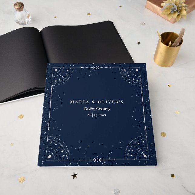 Stjärnklar natt Celestial Bröllop Marinblå Elegant Gästböcker (Framsidan öppen)