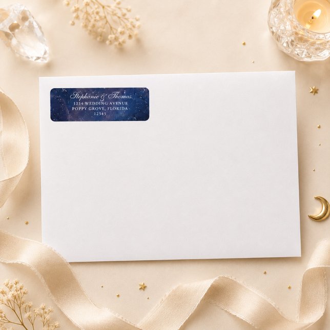 Stjärnklar natt Celestial Bröllopsadressetikett Returadress Etikett (Starry Night Celestial Wedding Address Label on an envelope)