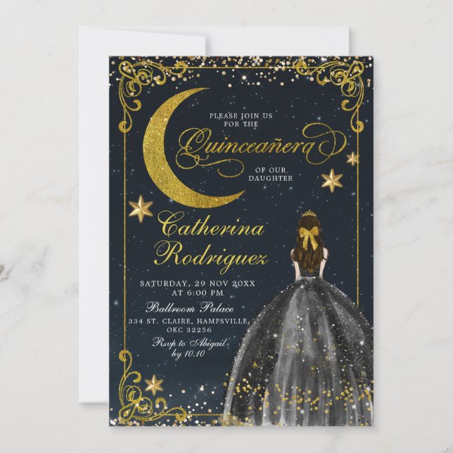 Stjärnklar natt Guld och Svart Quinceanera  Inbjudningar (Framsida)