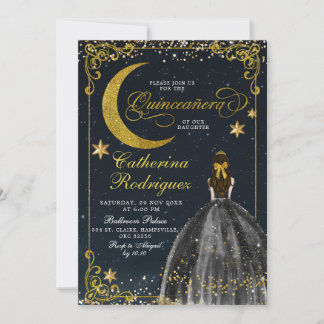 Stjärnklar natt Guld och Svart Quinceanera Inbjudningar