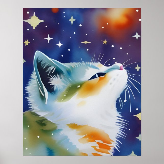 Stjärnklar natt Kitty Akvarell  Poster (Framsidan)