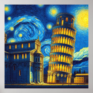 Stjärnklar natt Lutande tornet i Pisa Italien Poster