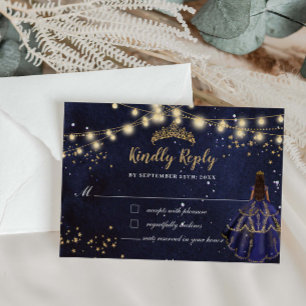 Stjärnklar natt Marinblå klänning Guld Quinceañera Anteckningskort