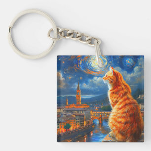 Stjärnklar natt över Florens Konst med röd katt