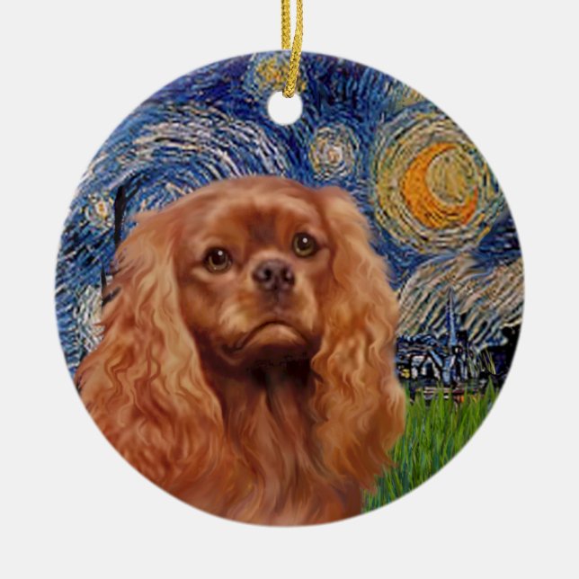Stjärnklar natt - Ruby Cavalier King Charles Julgransprydnad Keramik (Framsidan)