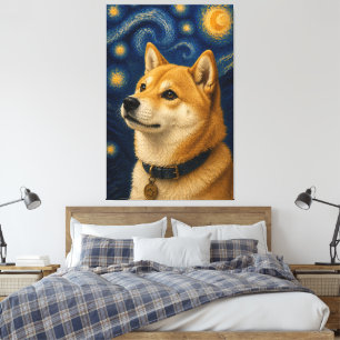 Stjärnklar natt Shiba Inu-porträtt Canvastryck
