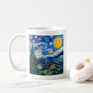 Stjärnklar natt solsystem rolig konstparodi kaffemugg