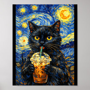 Stjärnklar natt svart katt kaffe van gogh stil rol poster