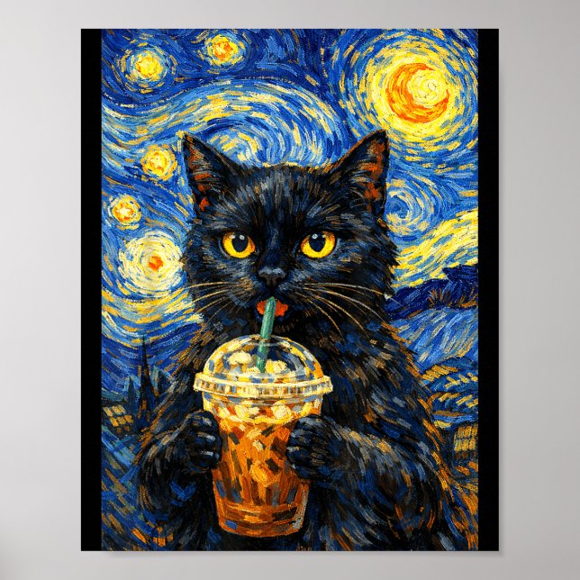 Stjärnklar natt svart katt kaffe van gogh stil rol poster (Framsidan)