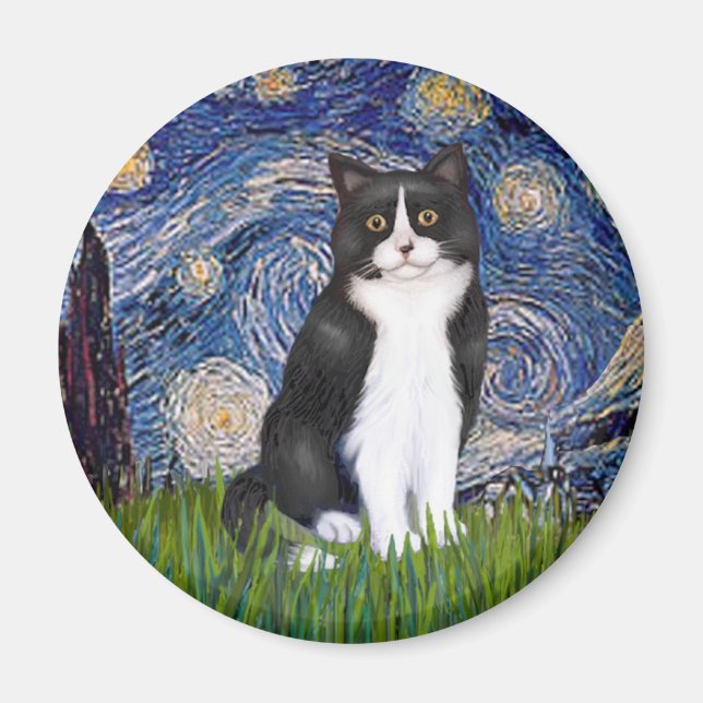 Stjärnklar natt - svart och vit katt magnet (Framsidan)