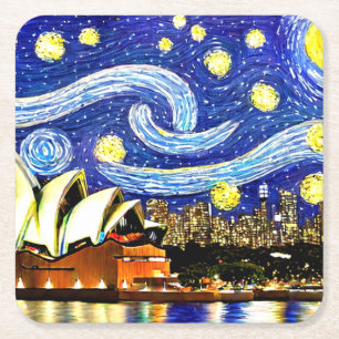 Stjärnklar natt Sydney Australien Operahuset Underlägg Papper Kvadrat