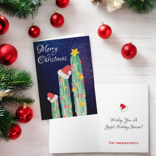Stjärnklar natt Sydväst Kaktus Anpassad  Helgkort (Christmas folding greeting card cover and inside template text)