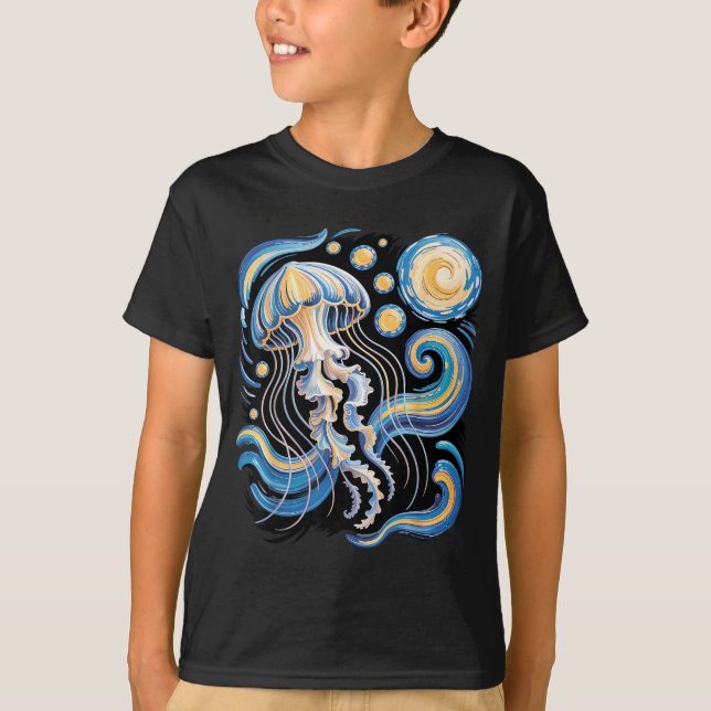 Stjärnklar natt van gogh maneter scuba dykning sur t shirt (Framsida)