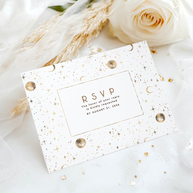 Stjärnklar natt Vit och Guld Bröllop RSVP Vykort (Celestial Wedding Rsvp Card)