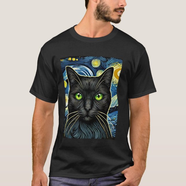 Stjärnklar natt Whimsical kattkonst T Shirt (Framsida)