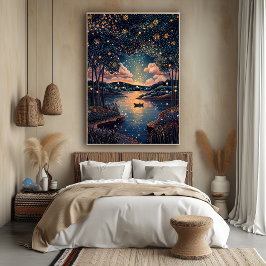 Stjärnklar nattflod i pointillistisk stil poster