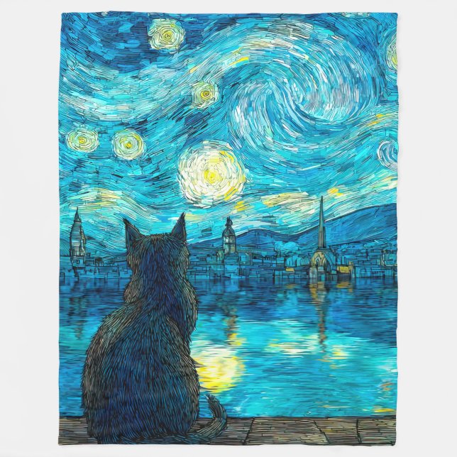 Stjärnklar nattkatt – Kattkonst i Van Gogh-stil Fleecefilt (Framsidan)