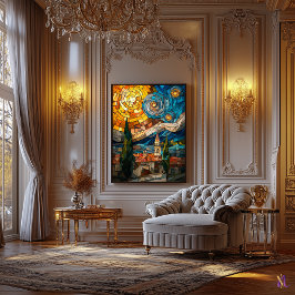 Stjärnklar natts glasmålning moalj konstverk canvastryck