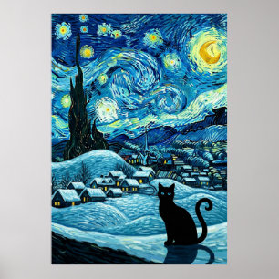 Stjärnklar Natts Katt Van Gogh Inspirerad Stjärnhi Poster
