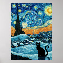 Stjärnklar Natts Katt Van Gogh Inspirerad Stjärnhi