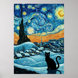 Stjärnklar Natts Katt Van Gogh Inspirerad Stjärnhi Poster