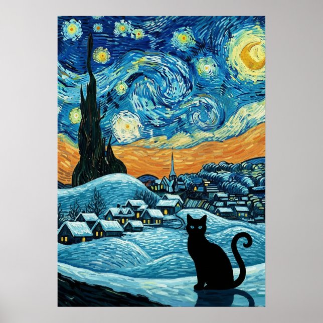 Stjärnklar Natts Katt Van Gogh Inspirerad Stjärnhi Poster (Framsidan)