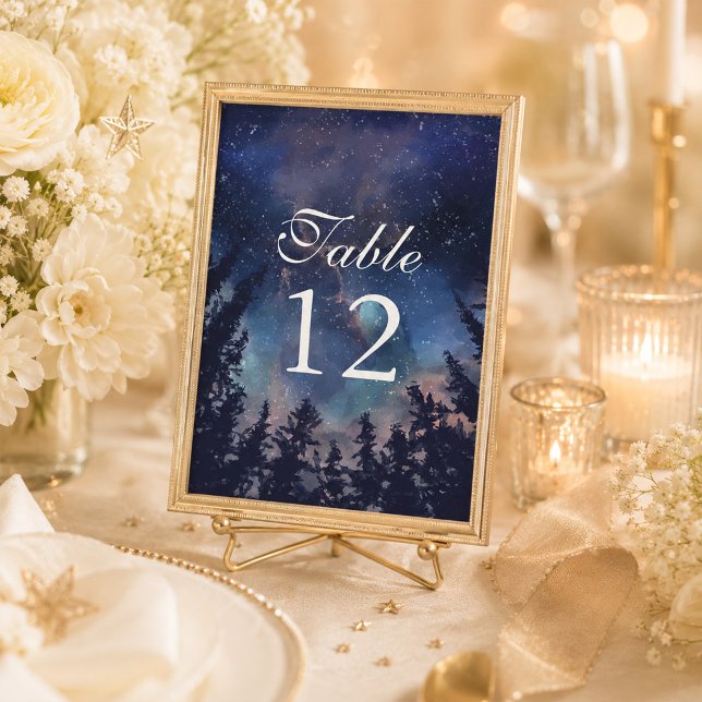 Stjärnklar Skog Bröllops Bordnummer Under Stjärnor Bordsnummer (Starry Night Forest Celestial Wedding Table Number on a celestial wedding table)