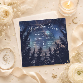 Stjärnklar Skog Save the Date för Celestiala Bröll Spara Datumet