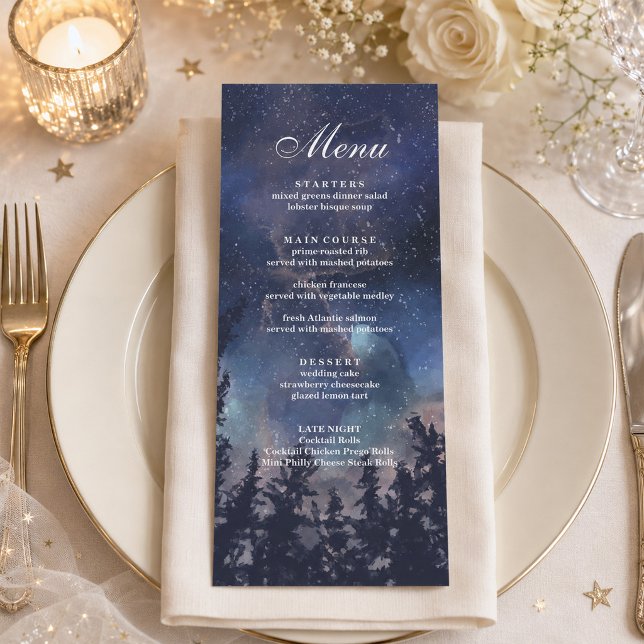 Stjärnklar Skogs Celestiala Bröllopsmeny Meny (Starry Night Forest Celestial Wedding Menu on an elegant wedding table with flowers)