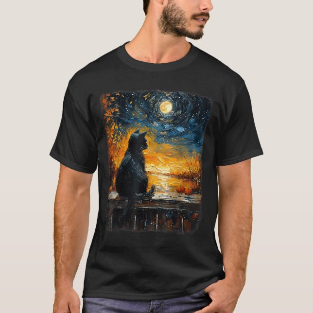 Stjärnkonst Natt Himmel Konst Svart Katt Pumpa Rol T Shirt (Framsida)
