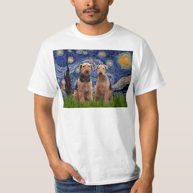 Stjärnkväll - Airedale Terriers (två) Tee (Framsida)