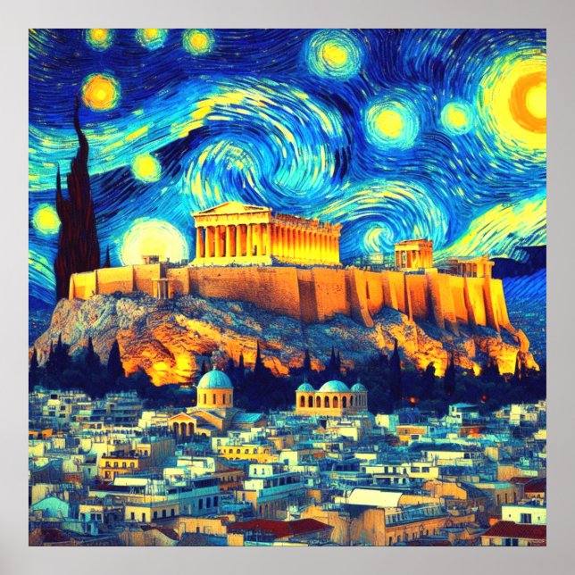 Stjärnkväll Akropolis Aten Grekland Poster (Framsidan)