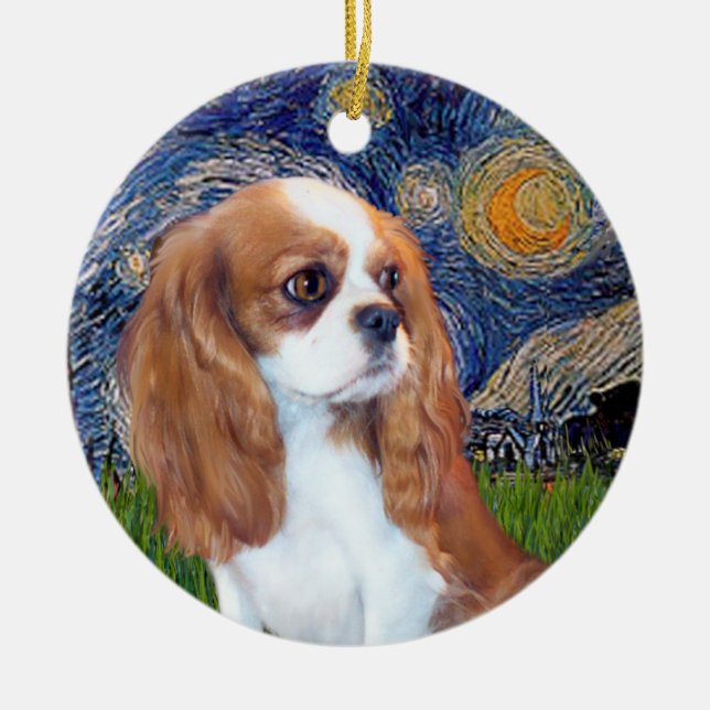 Stjärnkväll - Blenheim Cavalier Valp Julgransprydnad Keramik (Framsidan)