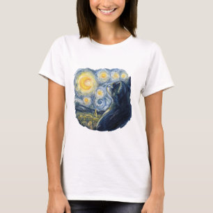 Stjärnkväll Katt Konstnärlig Van Gogh Stil Konst T Shirt
