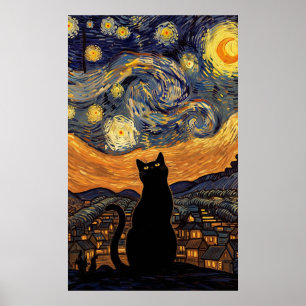 Stjärnkväll Katt Van Gogh Inspirerad Stjärnhimmel Poster