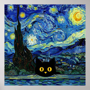 Stjärnkväll Katt Van Gogh Inspirerad Stjärnhimmel Poster