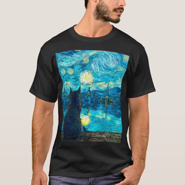 Stjärnkväll kattkonst – Van Gogh-stil natt T Shirt (Framsida)