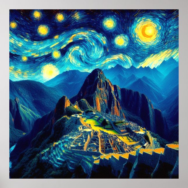 Stjärnkväll Machu Picchu Peru Poster (Framsidan)