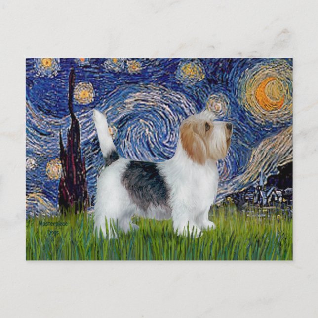 Stjärnkväll - Petit Basset (PBGV) Vykort (Framsida)