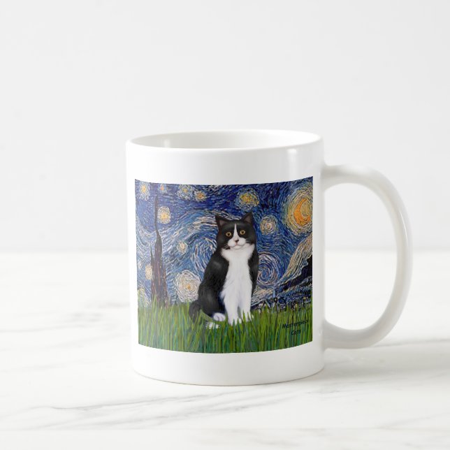 Stjärnkväll - svart och vit katt kaffemugg (Höger)