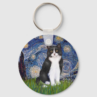 Stjärnkväll - svart och vit katt nyckelring