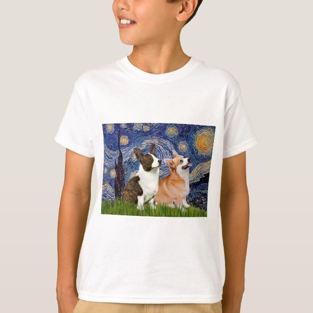 Stjärnkväll - Två Welsh Corgis (C + P) Tee Shirt (Framsida)