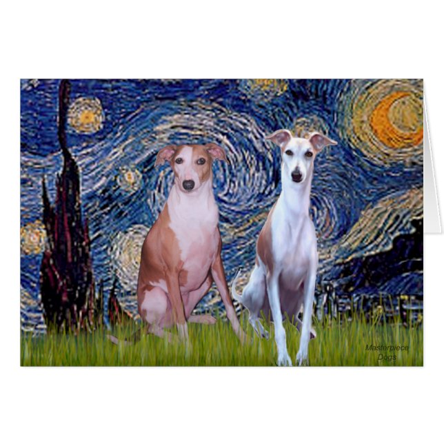 Stjärnkväll - Två Whippets Hälsningskort (Framsidan Horizontal)
