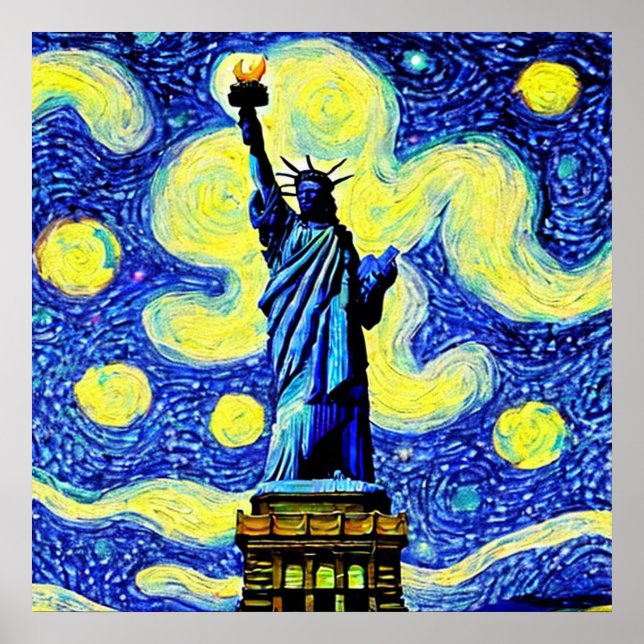 Stjärnkvällsstatyn Frihetsgudinnan New York Poster (Framsidan)