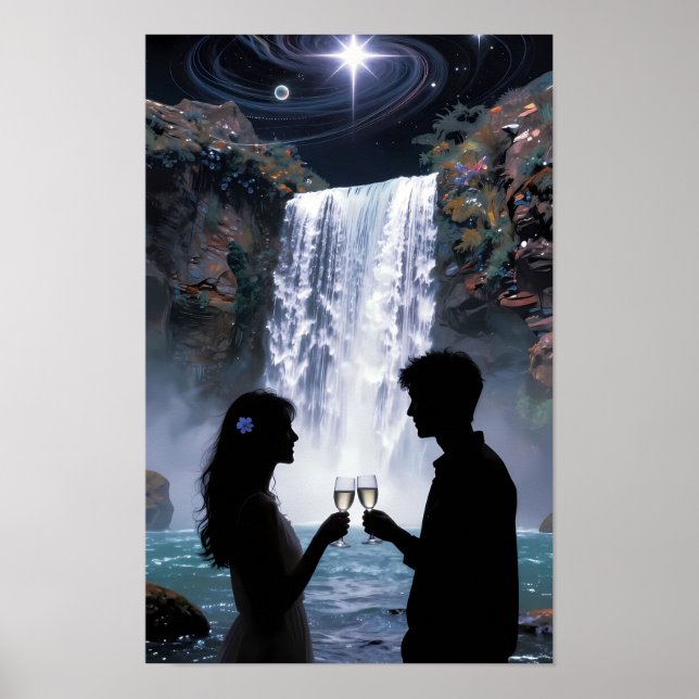 Stjärnljus vattenfall romantisk drömplakat poster (Framsidan)
