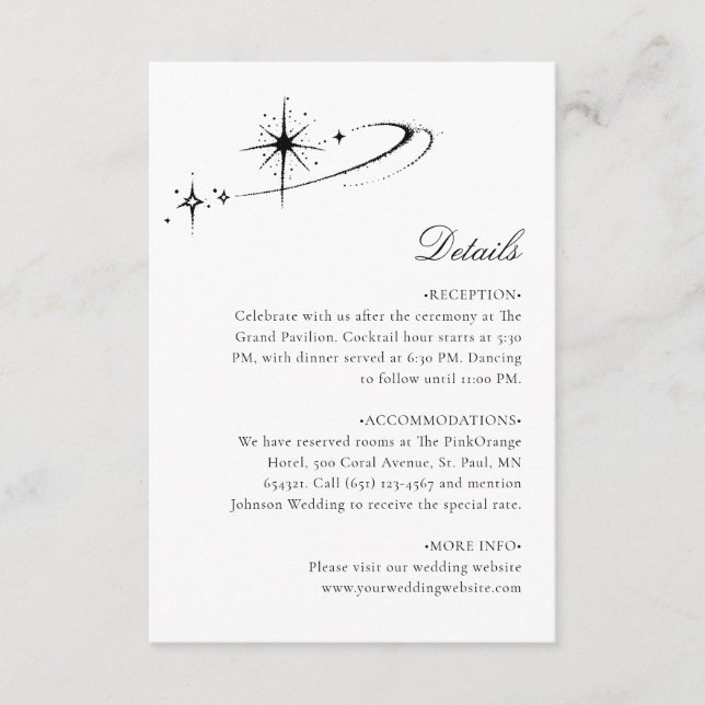 Stjärnminimalistiska Celestiala Bröllopsdetaljer Tilläggskort (Framsida)
