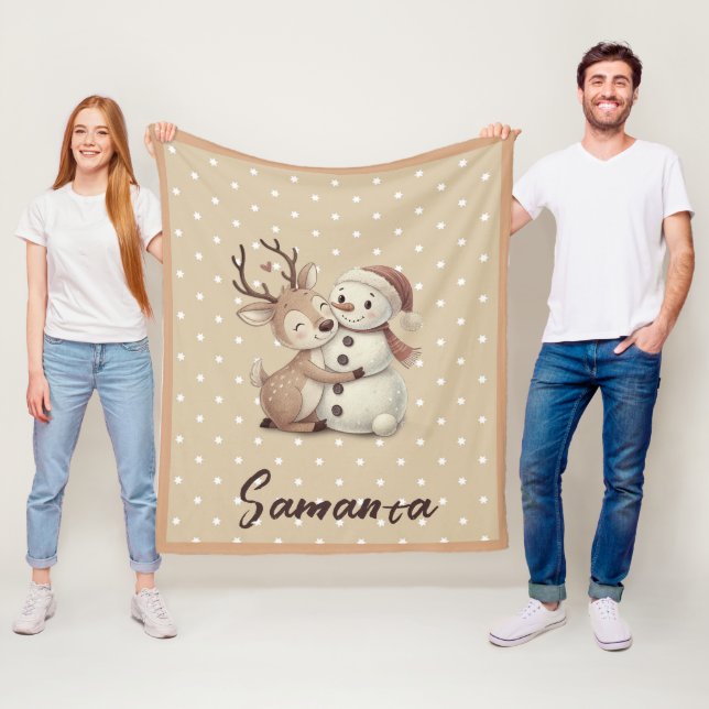 Stjärnmönster ren tomte blå beige namn fleecefilt (På plats)