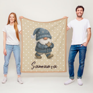 Stjärnmönster tomte blå beige namn fleecefilt