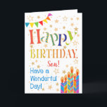 Stjärnor, buntning, ljus för en son-födelsedag kort<br><div class="desc">Ett färgstarkt, textbaserat födelsedagskort för en son, med Polka Dot Bunting, ljusa, stripade tårtljus och sprinklingade med guld-effektstjärnor. I den mönstrade texten står det "Grattis på födelsedagen" och det står också "Ha en underbar dag!" I blått bokstäver (NB ska guld-effektens stjärnor och konturer vara som de ser ut och inte...</div>