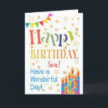 Stjärnor, buntning, ljus för en son-födelsedag kort<br><div class="desc">Ett färgstarkt, textbaserat födelsedagskort för en son, med Polka Dot Bunting, ljusa, stripade tårtljus och sprinklingade med guld-effektstjärnor. I den mönstrade texten står det "Grattis på födelsedagen" och det står också "Ha en underbar dag!" I blått bokstäver (NB ska guld-effektens stjärnor och konturer vara som de ser ut och inte...</div>
